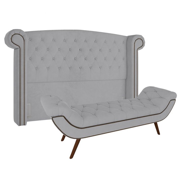 Cabeceira Cama Box Casal 140cm Provença com Calçadeira Vêneto Z37 Veludo Cinza - Mpozenato
