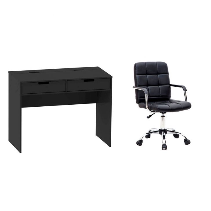 Conjunto de Mesa New com Cadeira de Escritório Secretária Giratória Fitz Preta