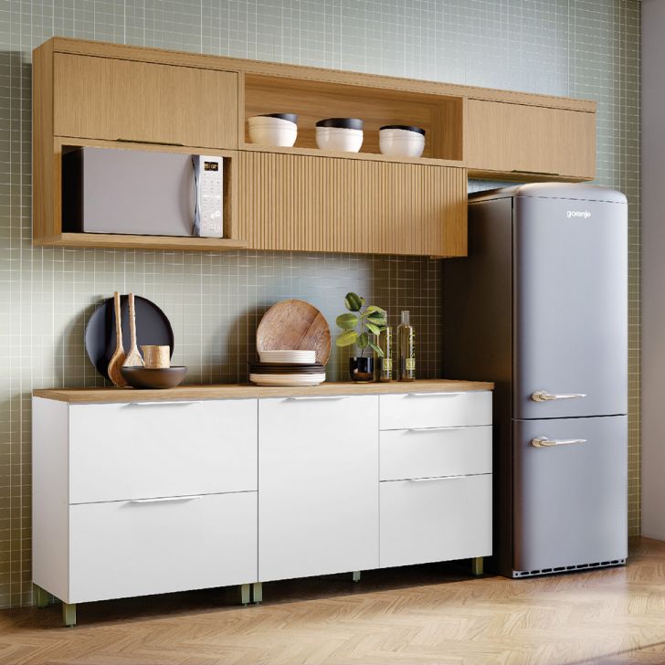 Cozinha Compacta Marquesa 100% MDF 5 Portas 4 Gavetas Branca e Nature