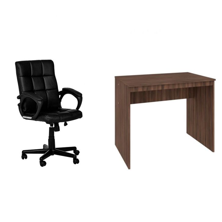 Conjunto de Mesa Office Nogal com Cadeira de Escritório Diretor Giratória Charles Preta