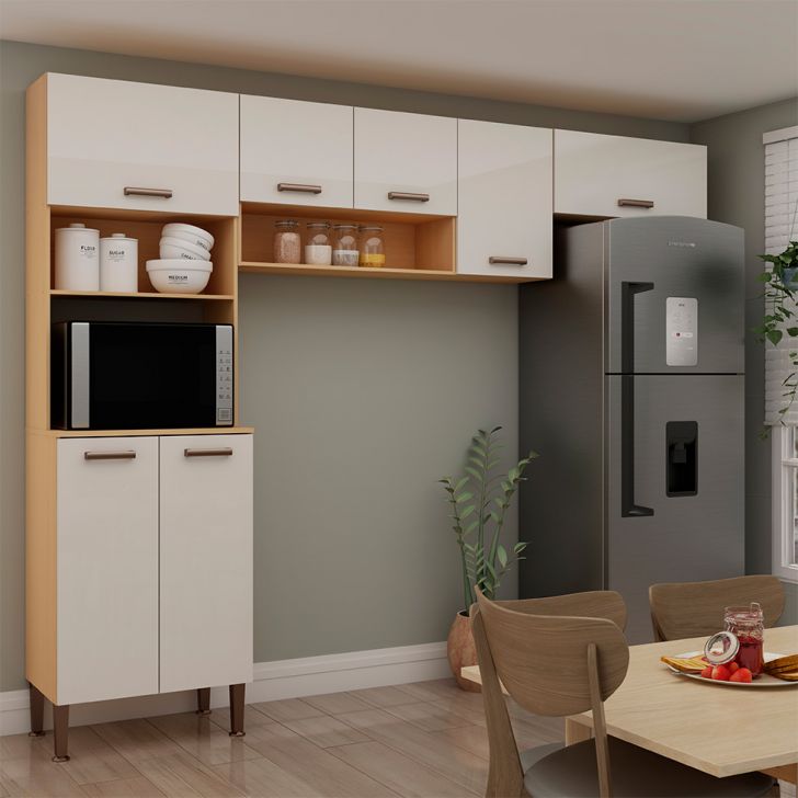 Cozinha Compacta Essência 100% MDF 7 Portas Freijó e Off White