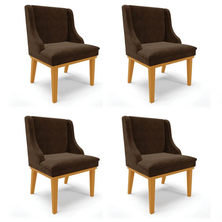 Kit 4 Cadeiras Estofadas para Sala de Jantar Base Fixa de Madeira Castanho Lia Suede Marrom - Ibiza