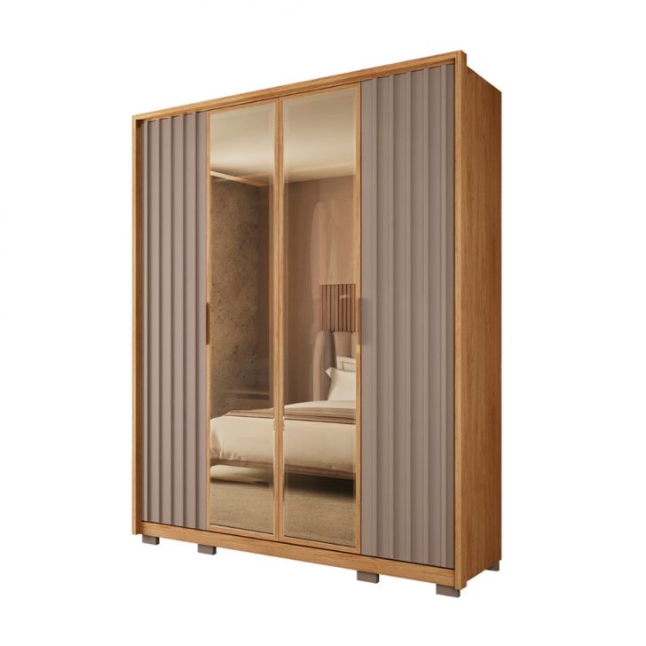 Image of Guarda-roupa Solteiro Com Espelho Reflecta Centurium Ripado 4 Portas 3 Gavetas Buriti E Fendi PLA-MO895CL10IYNMOB