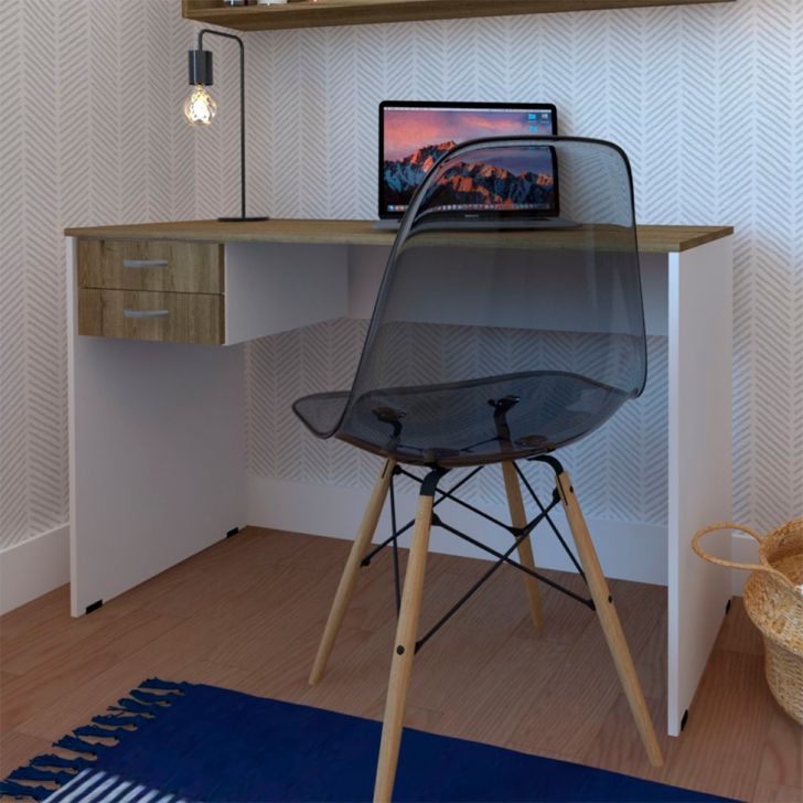 Conjunto De Mesa Com Gaveteiro De Escritório Arvo Branco E Carvalho Mel