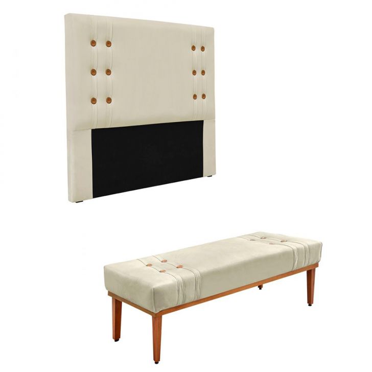 Conjunto de Cabeceira Solteiro com Recamier Gênova Veludo Bege