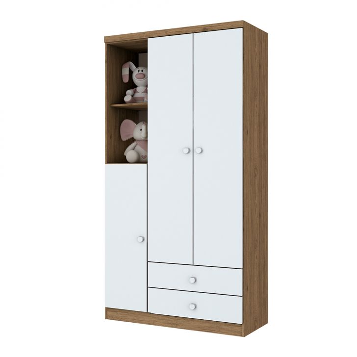 Guarda-Roupa Infantil Pique-Esconde 3 Portas 2 Gavetas Rústico e Branco