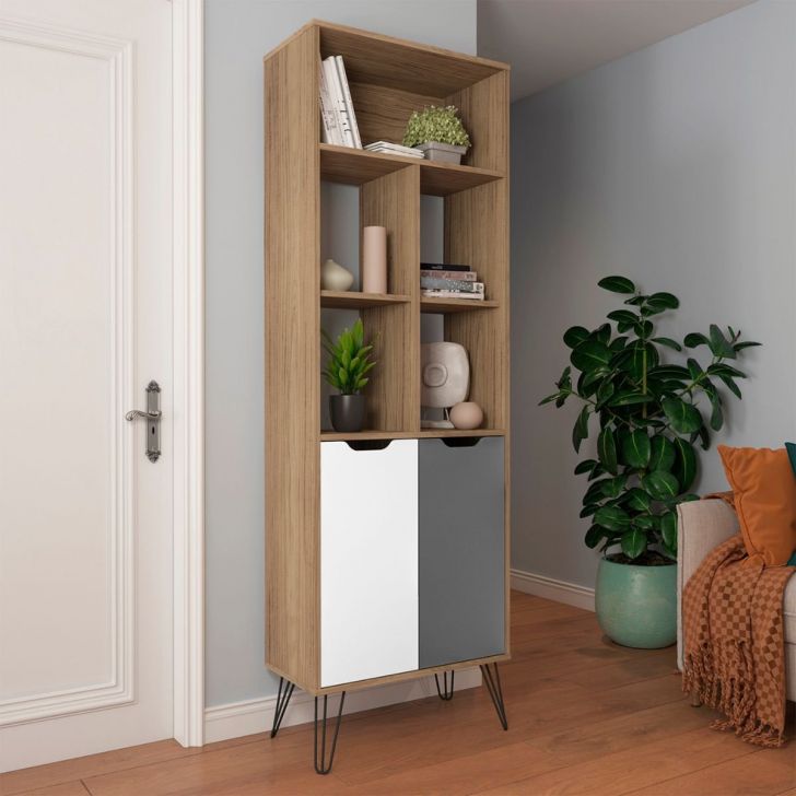 Estante Estocolmo 5 Nichos 2 Portas Carvalho/Branco/Grafito