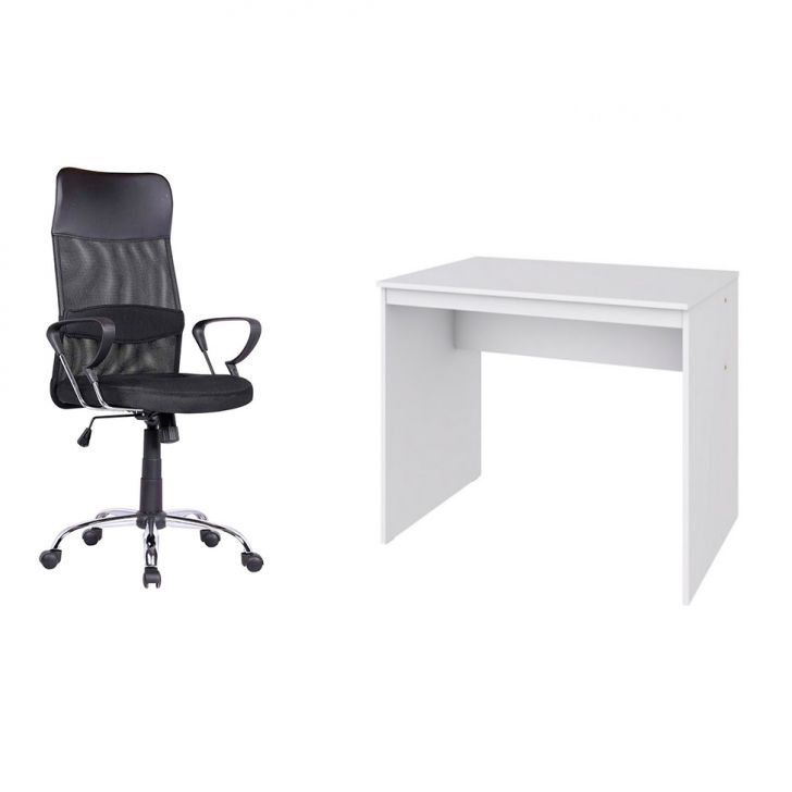 Conjunto de Mesa Office Branca com Cadeira de Escritório Diretor Giratória Vancouver Preta