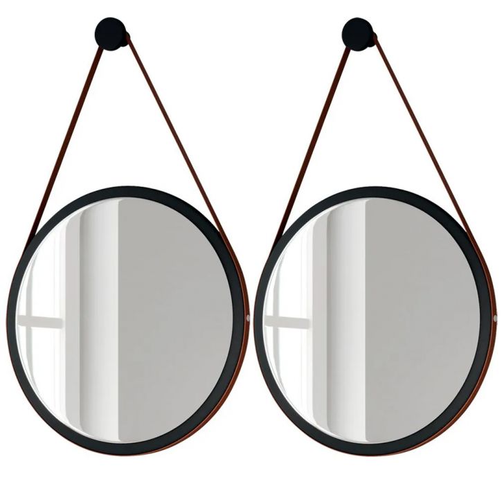 Kit 2 Espelhos Decorativos Redondos 54cm Com Alça Adnet Escandinavo H01 Preto - Mpozenato