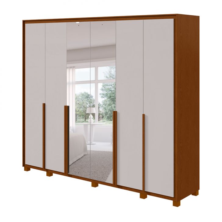 Guarda-roupa Casal Com Espelho E Pés Imperatore 6 Portas 6 Gavetas Frassino E Off White