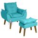 Poltrona/Cadeira Decorativa E Puff Glamour Com Pés Quadrado Azul Turquesa