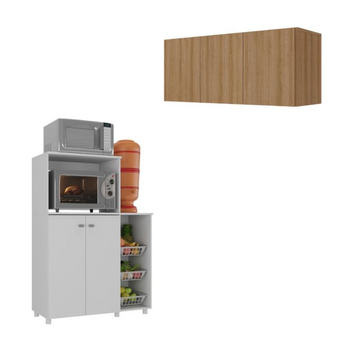 Kit Armário de Cozinha 3 Portas com Balcão Multiuso/Fruteira Multimóveis MP2235 Branco/Rustic