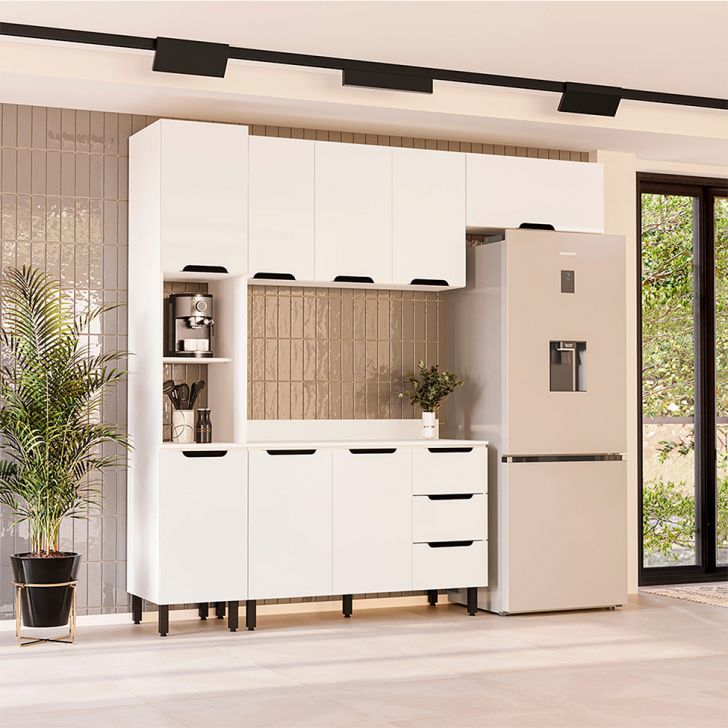 Cozinha Completa com Tampo Meena 8 Portas 3 Gavetas Branca