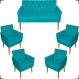 Kit Namoradeira + 4 Poltronas Decorativas Para Sala Nina Com Base E Capitonê Azul Turquesa Pé Castanho - Clique E Decore