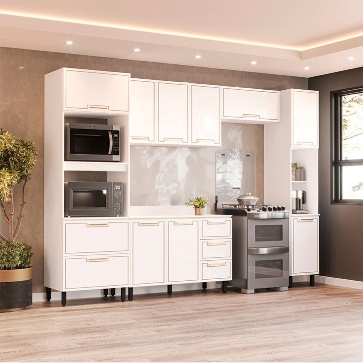 Image of Cozinha Completa Com Tampo E Paneleiro Amara 10 Portas 4 Gavetas Branca PLA-MO895CL10PVLMOB
