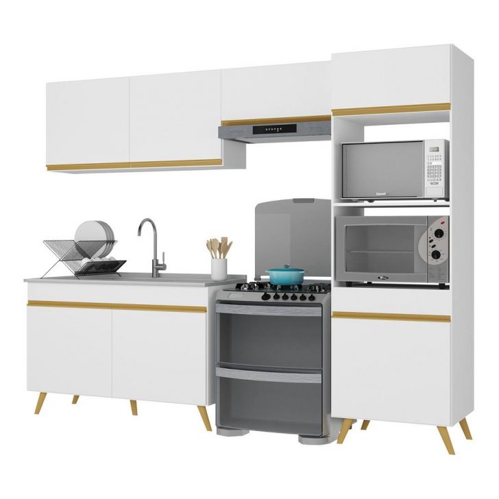 Armário de Cozinha Compacta 252cm Veneza Multimóveis V3749 Branco/Dourado