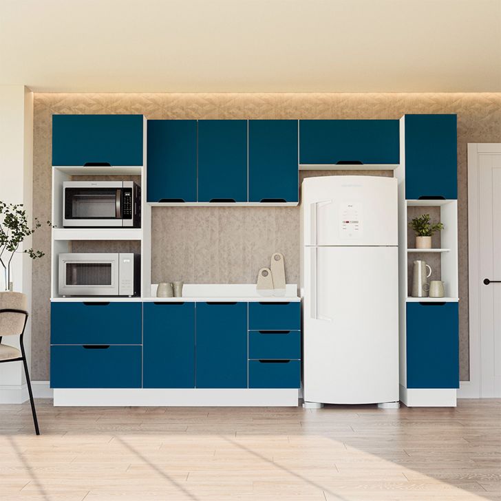 Cozinha Completa Com Tampo, Paneleiro E Rodapé Meena 10 Portas 4 Gavetas Azul E Branca