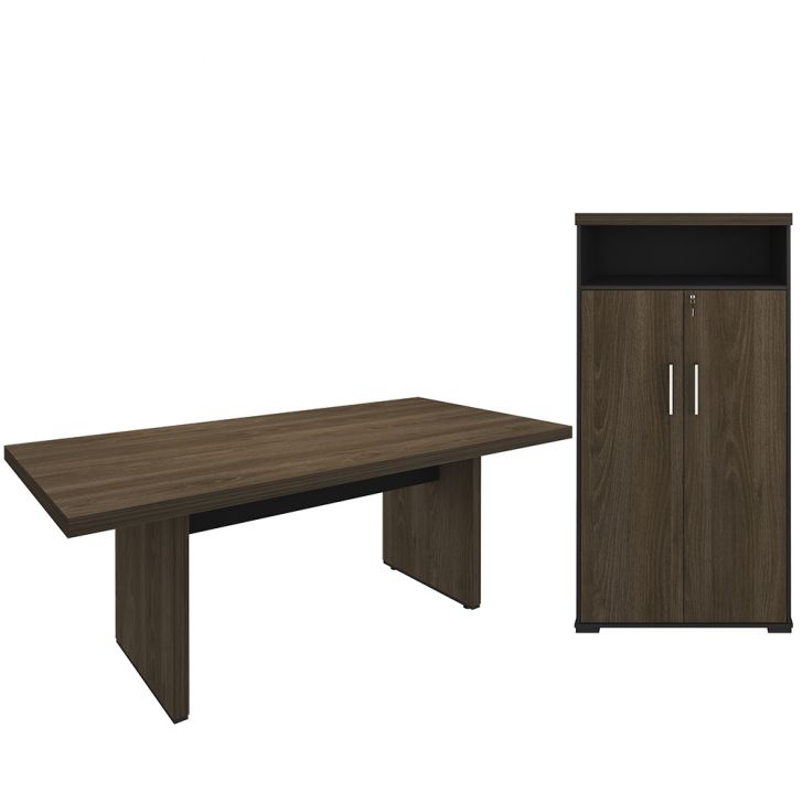 Kit Mesa Para Escritório Reunião 204x90cm Com Armário Atria Executiva A02 Charuto Preto - Lyam Decor