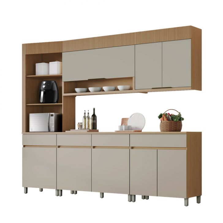 Cozinha Completa 100% MDF Realeza Premium 8 Portas 4 Gavetas Bege e Carvalho