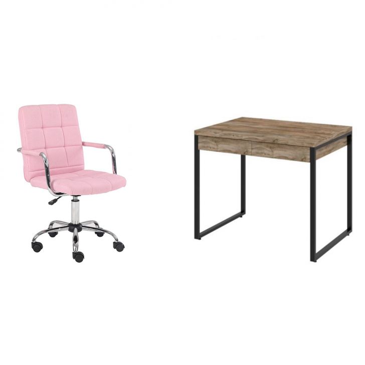 Conjunto de Mesa Kuadra 2 GV Carvalho com Cadeira de Escritório Secretária Giratória Fitz Rosa