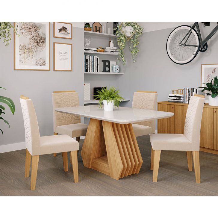 Conjunto De Mesa De Jantar Retangular Com Tampo De Vidro Off White Agata E 4 Cadeiras Clarice Suede Nude E Nature