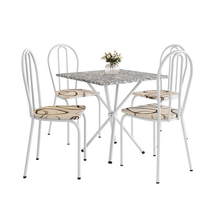 Conjunto de Mesa Quadrada com Tampo Granito e 4 Cadeiras Léia Revestimento Sintético Branco e Cedro
