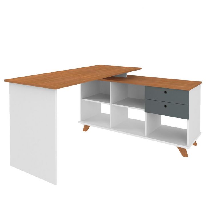Mesa Escrivaninha 2 Gavetas com Nichos em L Golden Freijó/Grafito/Branco