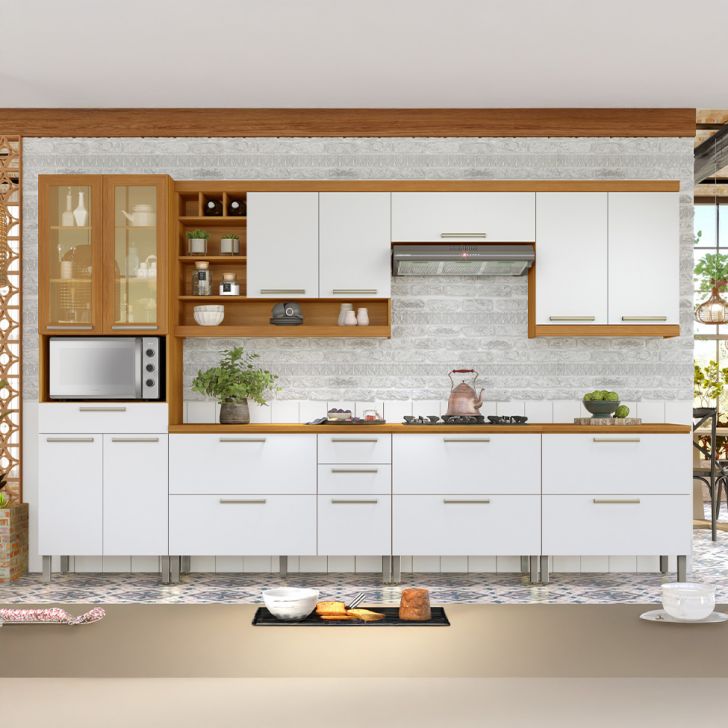 Cozinha Compacta Burguesa Premium com Vidro Reflecta 13 Portas 6 Gavetas Freijó e Branca