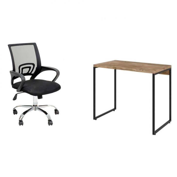 Conjunto de Mesa Studio Carvalho com Cadeira de Escritório Secretária Giratória New Java Preta