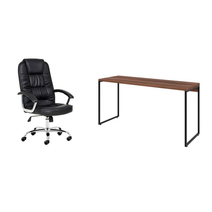 Conjunto de Mesa Studio Nogal 150 cm com Cadeira de Escritório Presidente Giratória com Relax Finland Preta