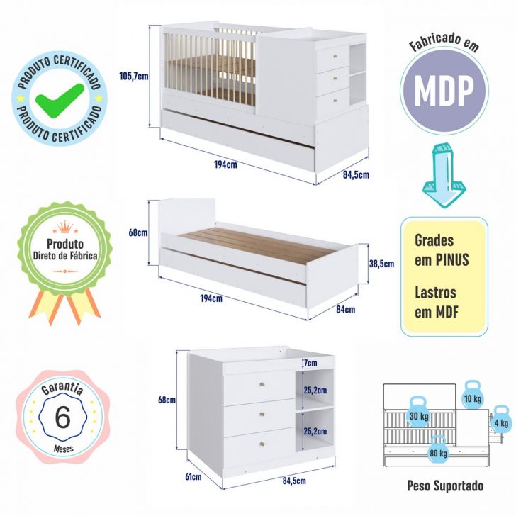 Berço Cama Multifuncional Com Auxiliar Branco - Completa Móveis