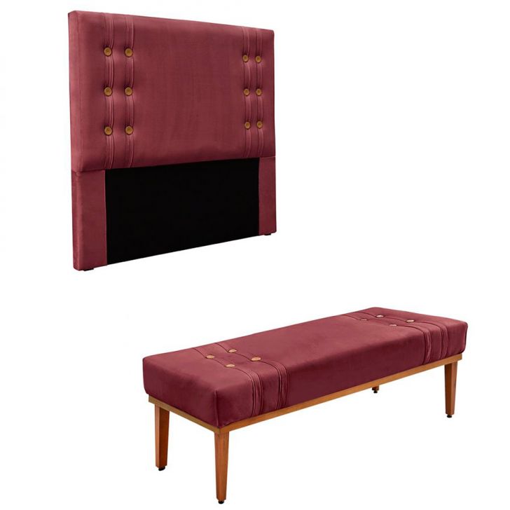 Conjunto de Cabeceira Solteiro com Recamier Gênova Veludo Vinho