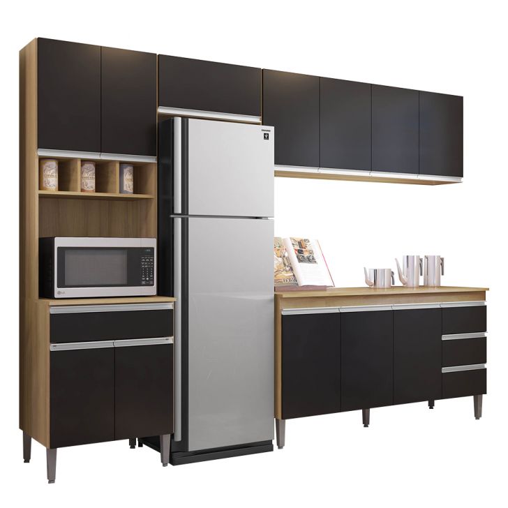 Cozinha Modulada 4 Peças Balcão com Tampo 160cm Andréia Amêndoa/Preto - AJL Móveis