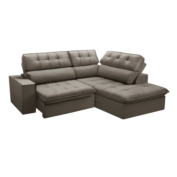 Image of Sofá 4 Lugares Retrátil E Reclinável Arezzo Com Chaise Direito Veludo Castor PLA-FE691UP00DUTMOB