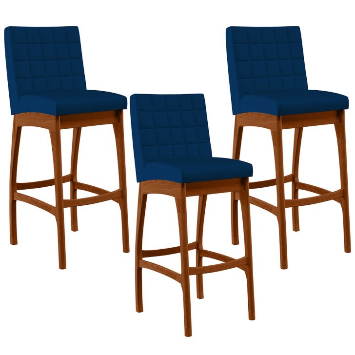 Kit 03 Banquetas Altas Para Cozinha Sala de Jantar Fixa Mila B04 Suede Azul Marinho - Lyam Decor