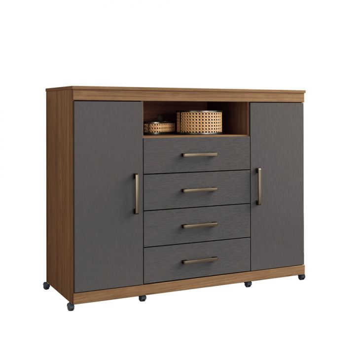 Cômoda Master com Rodízios 2 Portas 4 Gavetas Jatobá e Grafite