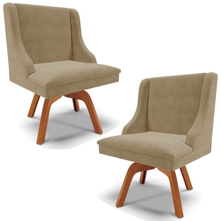 Kit 2 Cadeiras Decorativas Sala de Jantar Base Giratória de Madeira Firenze Suede Nude/Natural G19 - Gran Belo