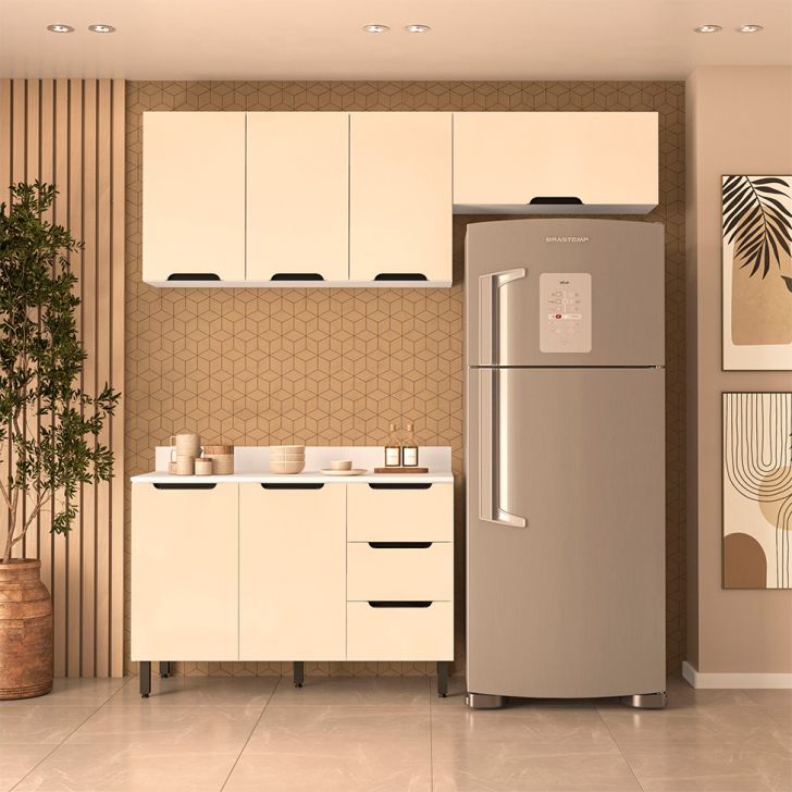 Cozinha Completa Com Tampo Meena 6 Portas 3 Gavetas Creme E Branca