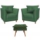 Combo 02 Poltronas Decorativa Isis Pés de Madeira Mais Puff Opalla Suede Verde - DS Estofados