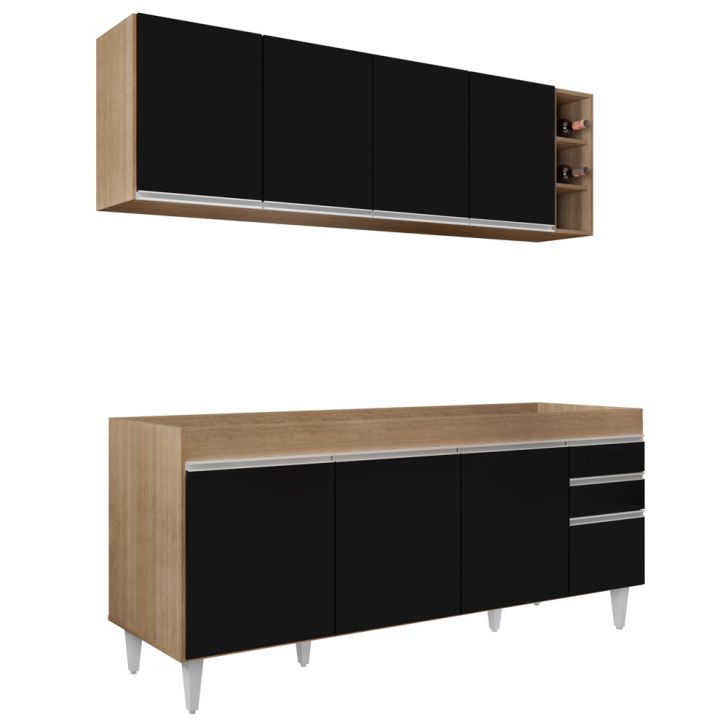 Armário Nevada e Balcão para Pia 180cm Dallas Castanho/Preto - Lumil