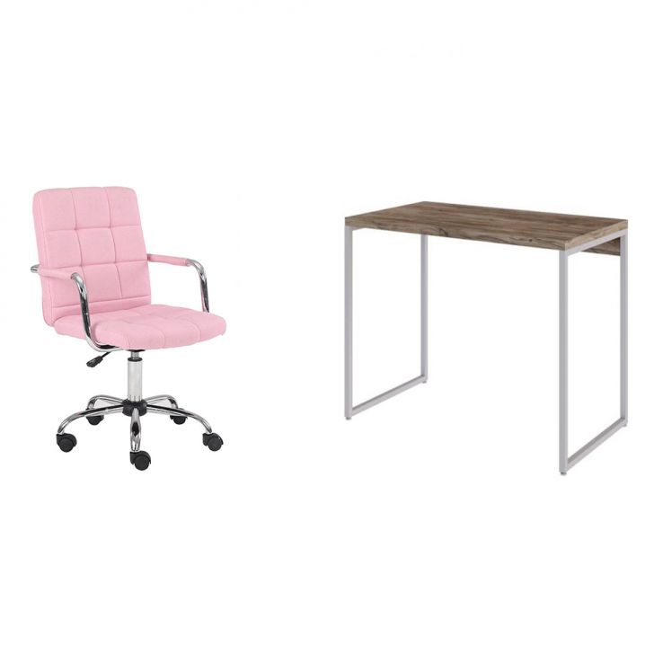 Conjunto de Mesa Studio Carvalho e Branca com Cadeira de Escritório Secretária Giratória Fitz Rosa