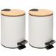 Kit 2 Lixeiras 5L Metal Redonda com Pedal Branca Tampa Bambu Balde Interno Banheiro Genebra