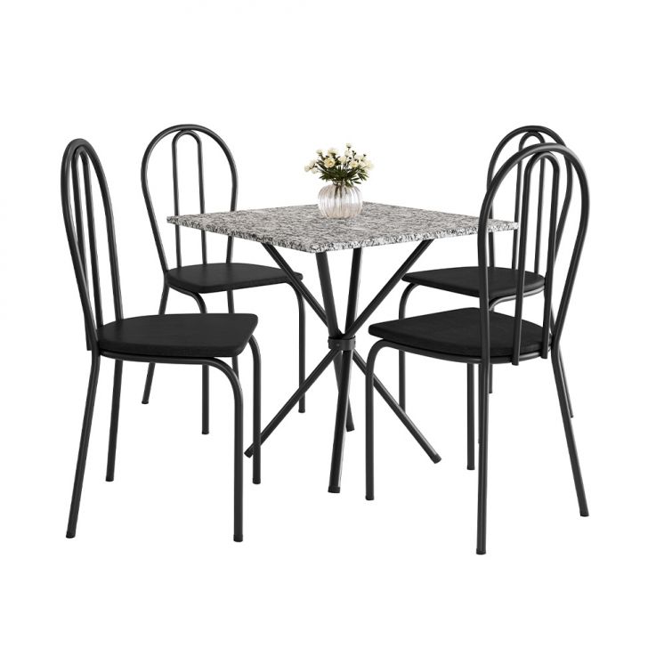 Conjunto de Mesa Quadrada com Tampo Granito e 4 Cadeiras Léia Revestimento Sintético Preto