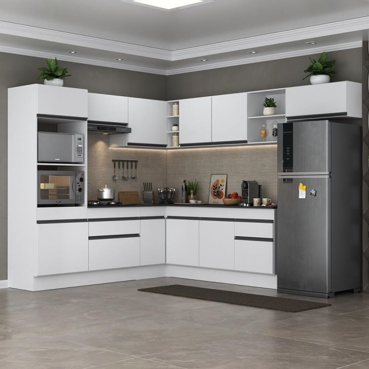 Armário de Cozinha Completa de Canto com Rodapé Veneza Multimóveis MP2083.964 Branco/Preto