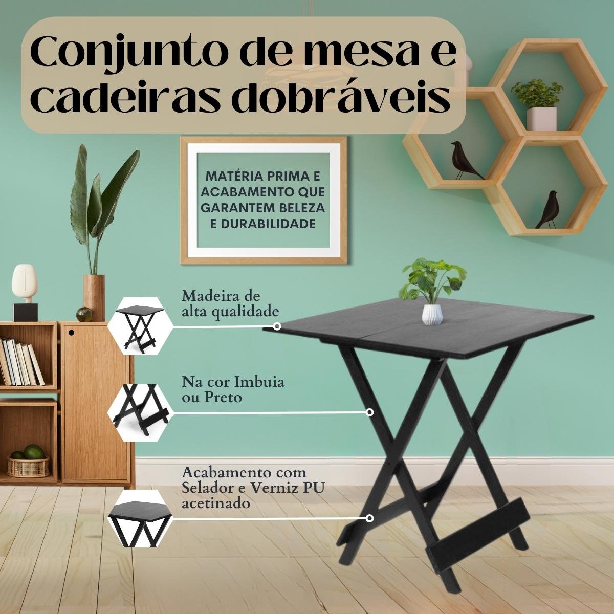 Conjunto Mesa Dobrável 70x70 C/ 4 Cadeiras Estofadas Bege