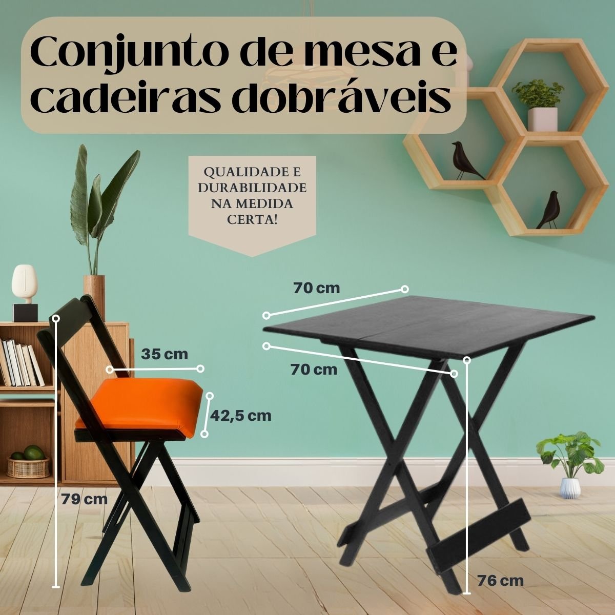 Conjunto Mesa Dobrável 70x70 C/ 4 Cadeiras Estofadas Laranja
