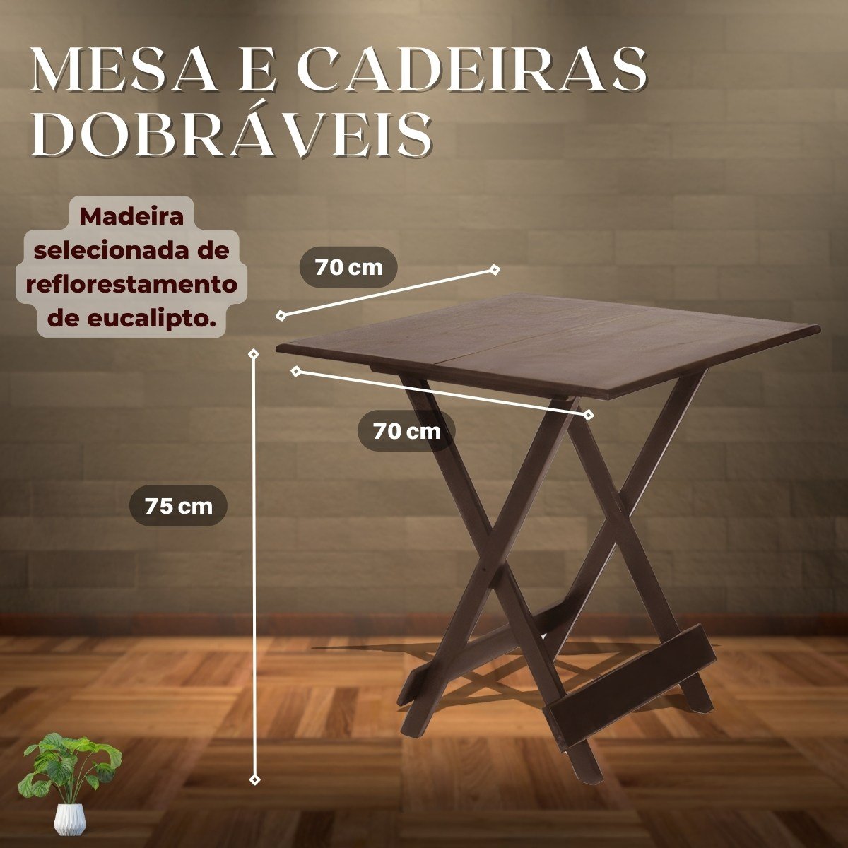 Conjunto Mesa Dobrável 70x70 com 4 Cadeiras Imbuia