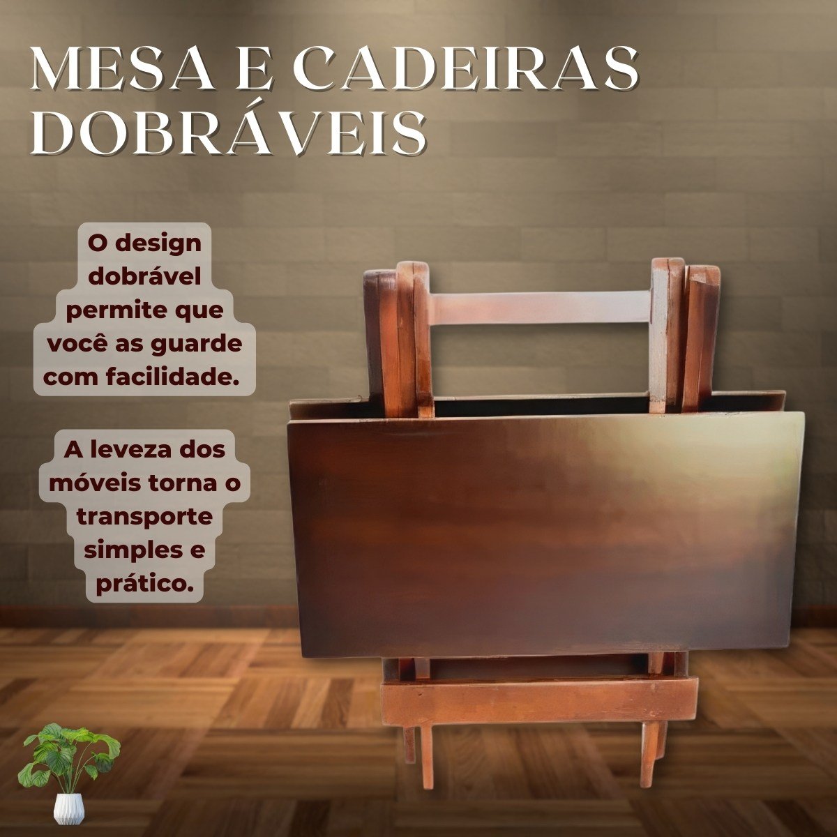Conjunto Mesa Dobrável 70x70 com 4 Cadeiras Imbuia