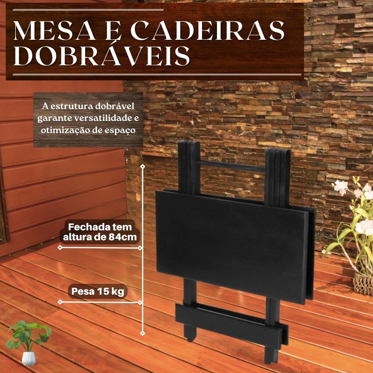 Conjunto Mesa Dobrável 70x70 com 4 Cadeiras Preta