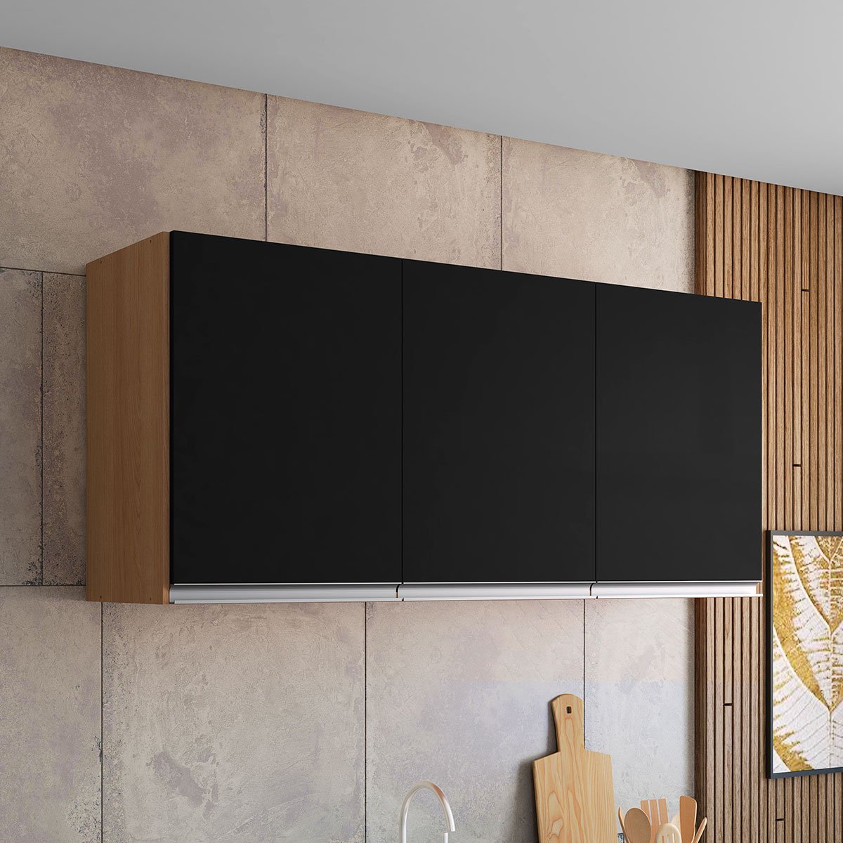 Armário Aéreo Cozinha Adriana 3 Portas 120 cm Amêndoa/Preto